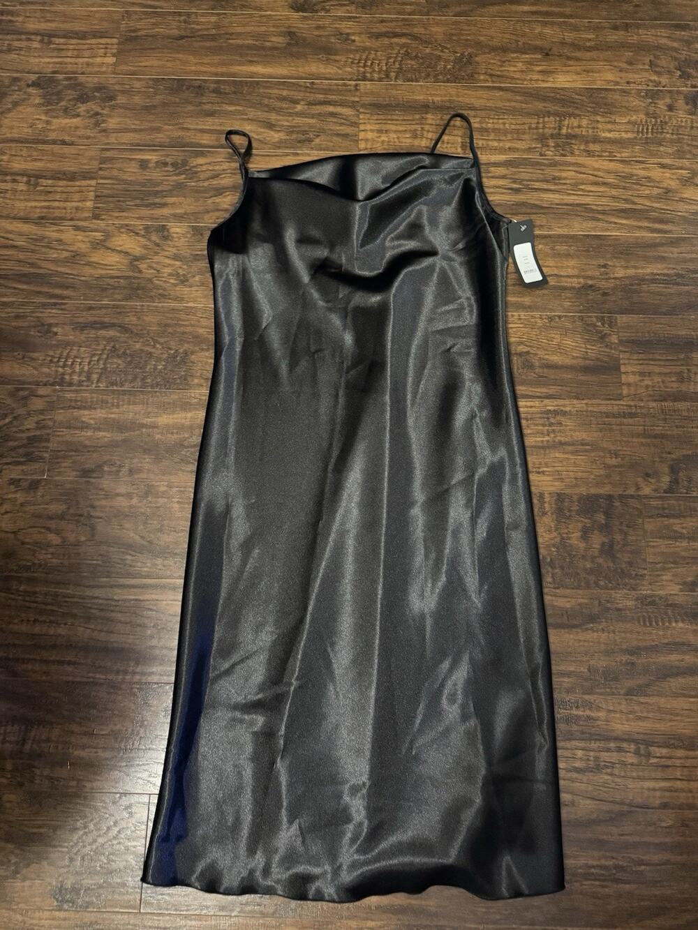bebe Black Satin Long Strappy Slip Dress Sleeveless Cowl Neck Size L